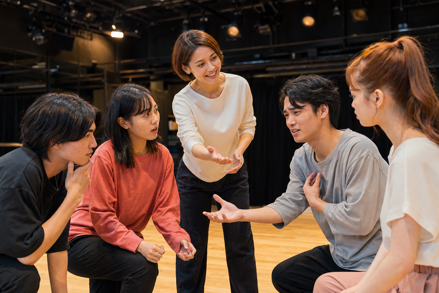 講師と演技レッスンに取り組む生徒たち