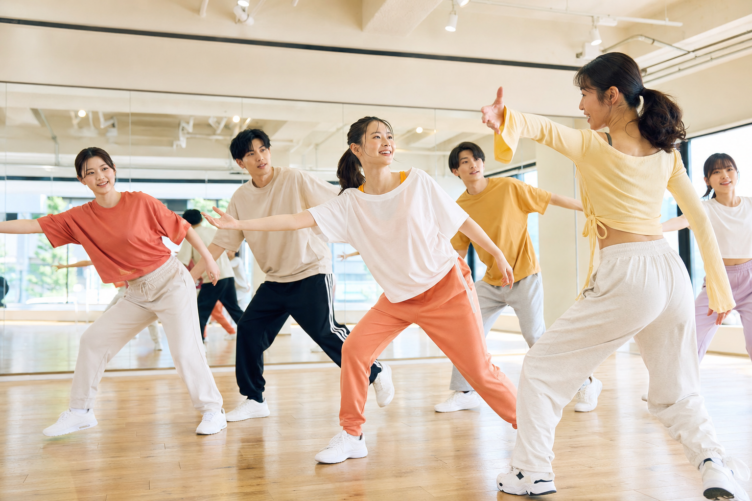 明るいスタジオでのダンスレッスン